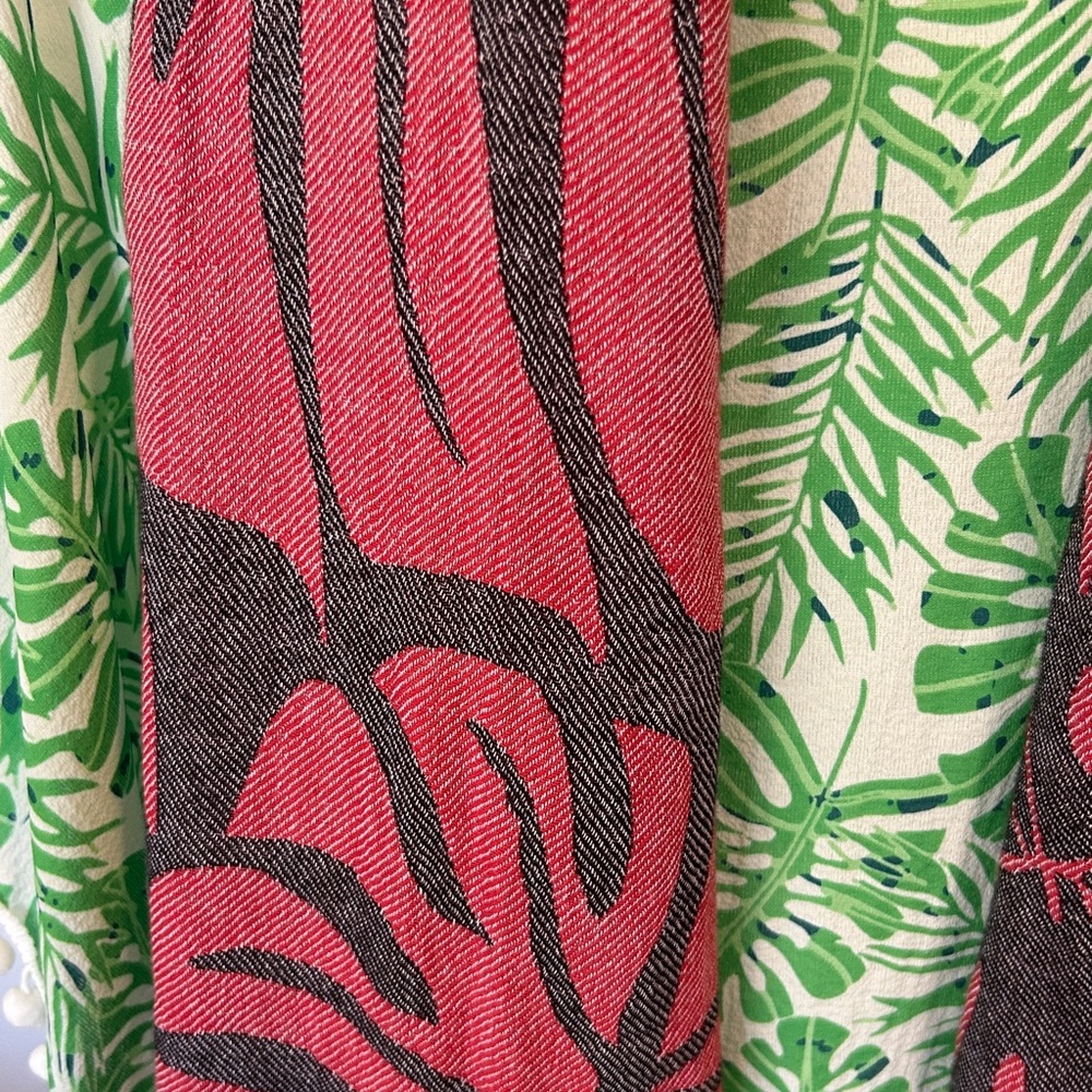 Green Monstera Leaf Set of 3 Coverup + Wrap Scarf Red + Black + Natural Belt - Picture 8 of 15